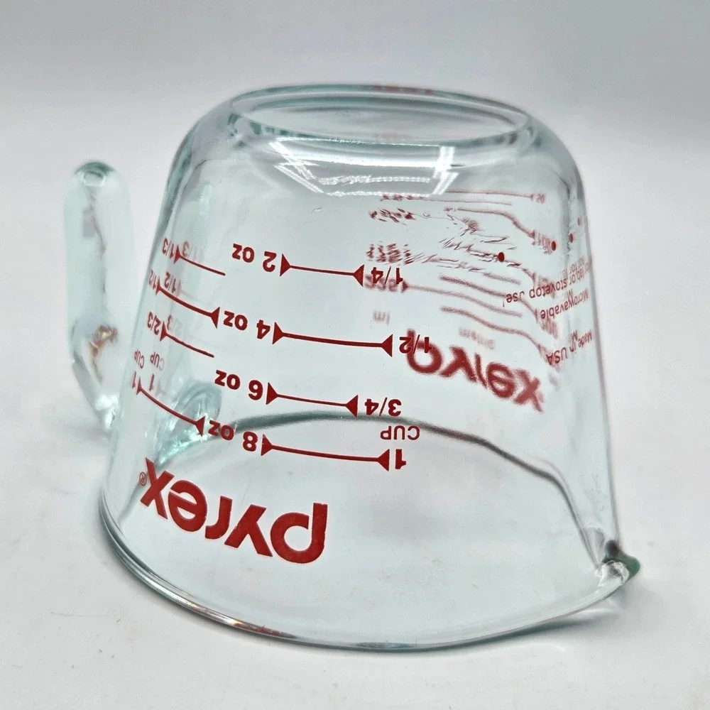 Pyrex 1 Cup Clear Measuring Cup with Red Graphics Oven Safe Made in USA